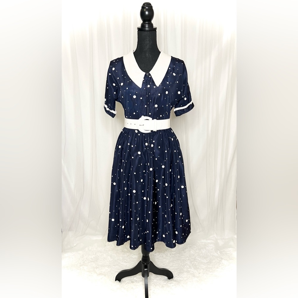 Antique Vintage 1940’s Navy Blue Polka Dot Day Dress